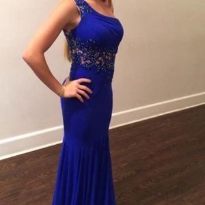 Blue gown pageant or prom.